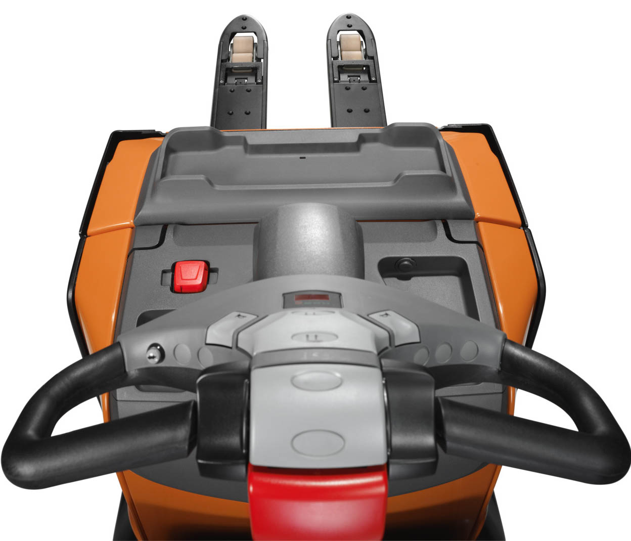 Transpaleta eléctrica con plataforma Toyota BT Levio vista a horquillas